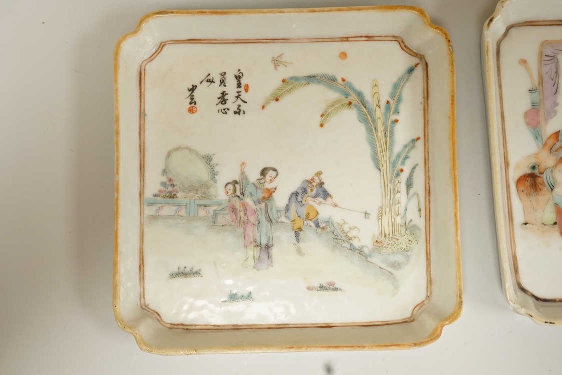 A set of four Chinese famille rose square dishes, late 19th century, and a carved wood pouring vessel, dishes 13.5cm square